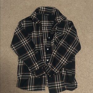 SHEIN Black and Tan Plaid Button Down Shirt